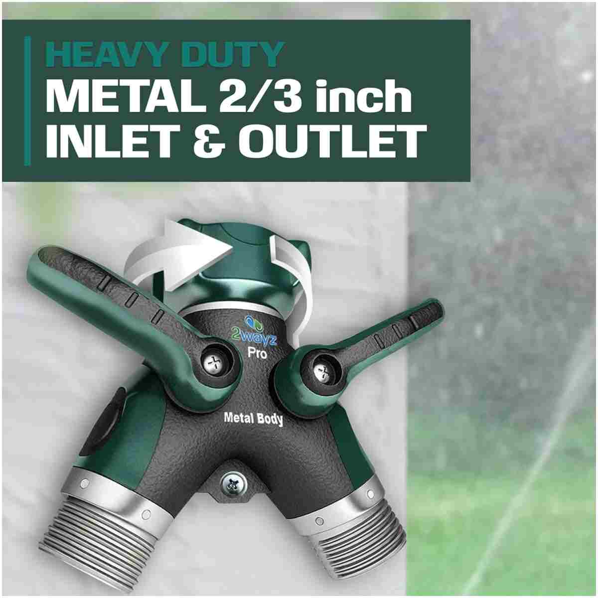 2WAYZ Hose Splitter 2 Way Heavy Duty Outdoor Faucet and Garden Connector - Water Spigot Splitter - Durable All-Metal Y Adapter with Shut-Off Valve - 4 x 4 x 1.5 Inches