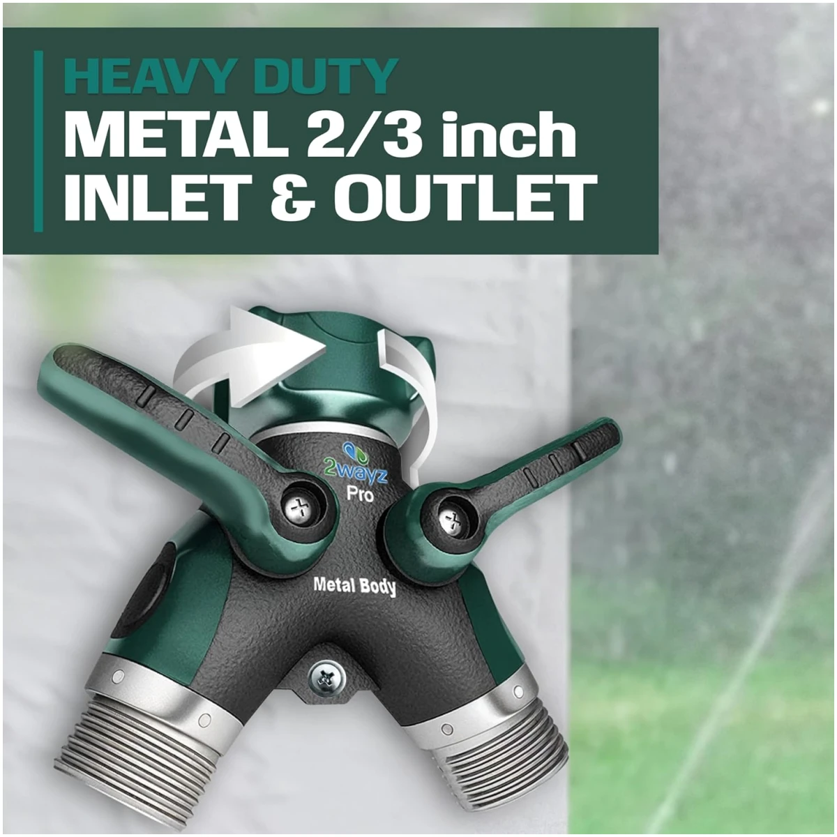 2WAYZ Hose Splitter 2 Way Heavy Duty Outdoor Faucet and Garden Connector - Water Spigot Splitter - Durable All-Metal Y Adapter with Shut-Off Valve - 4 x 4 x 1.5 Inches