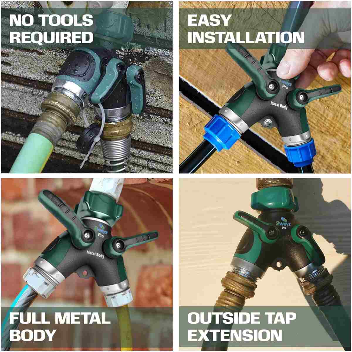 2WAYZ Hose Splitter 2 Way Heavy Duty Outdoor Faucet and Garden Connector - Water Spigot Splitter - Durable All-Metal Y Adapter with Shut-Off Valve - 4 x 4 x 1.5 Inches