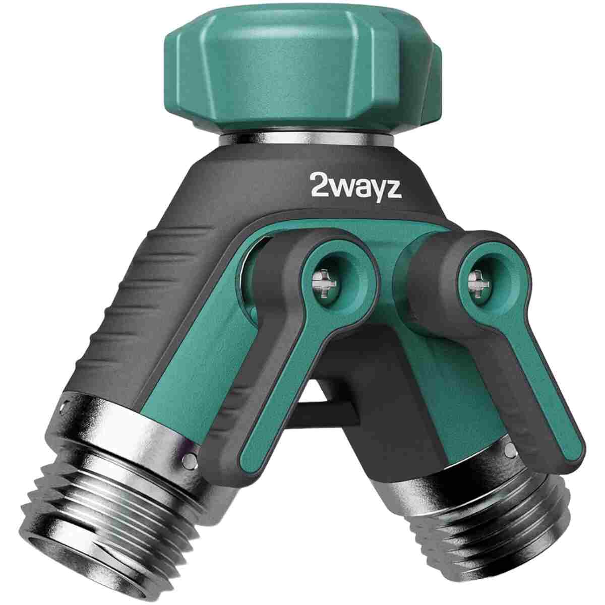 2WAYZ Hose Splitter 2 Way Heavy Duty Outdoor Faucet and Garden Connector - Water Spigot Splitter - Durable All-Metal Y Adapter with Shut-Off Valve - 4 x 4 x 1.5 Inches