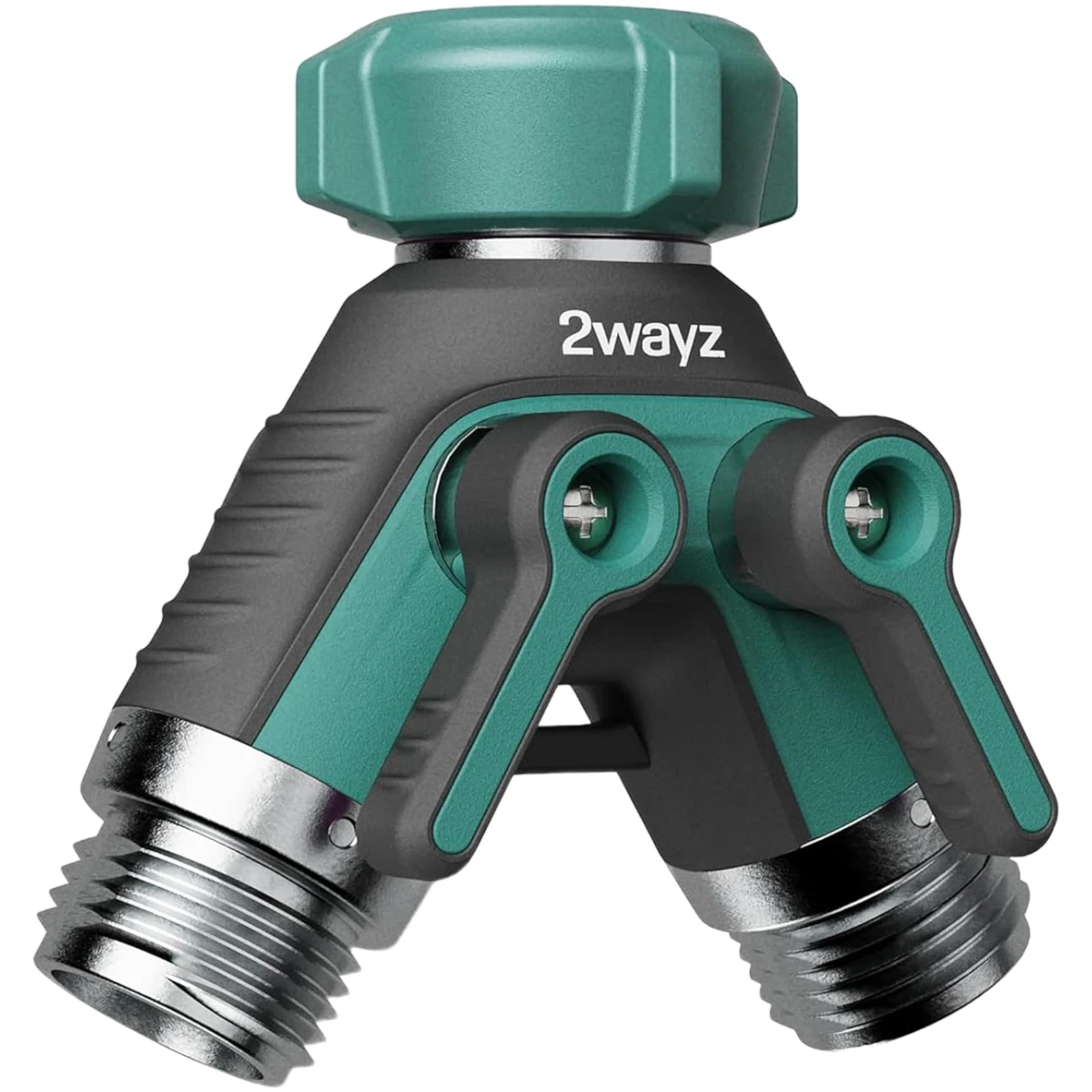 2WAYZ Hose Splitter 2 Way Heavy Duty Outdoor Faucet and Garden Connector - Water Spigot Splitter - Durable All-Metal Y Adapter with Shut-Off Valve - 4 x 4 x 1.5 Inches