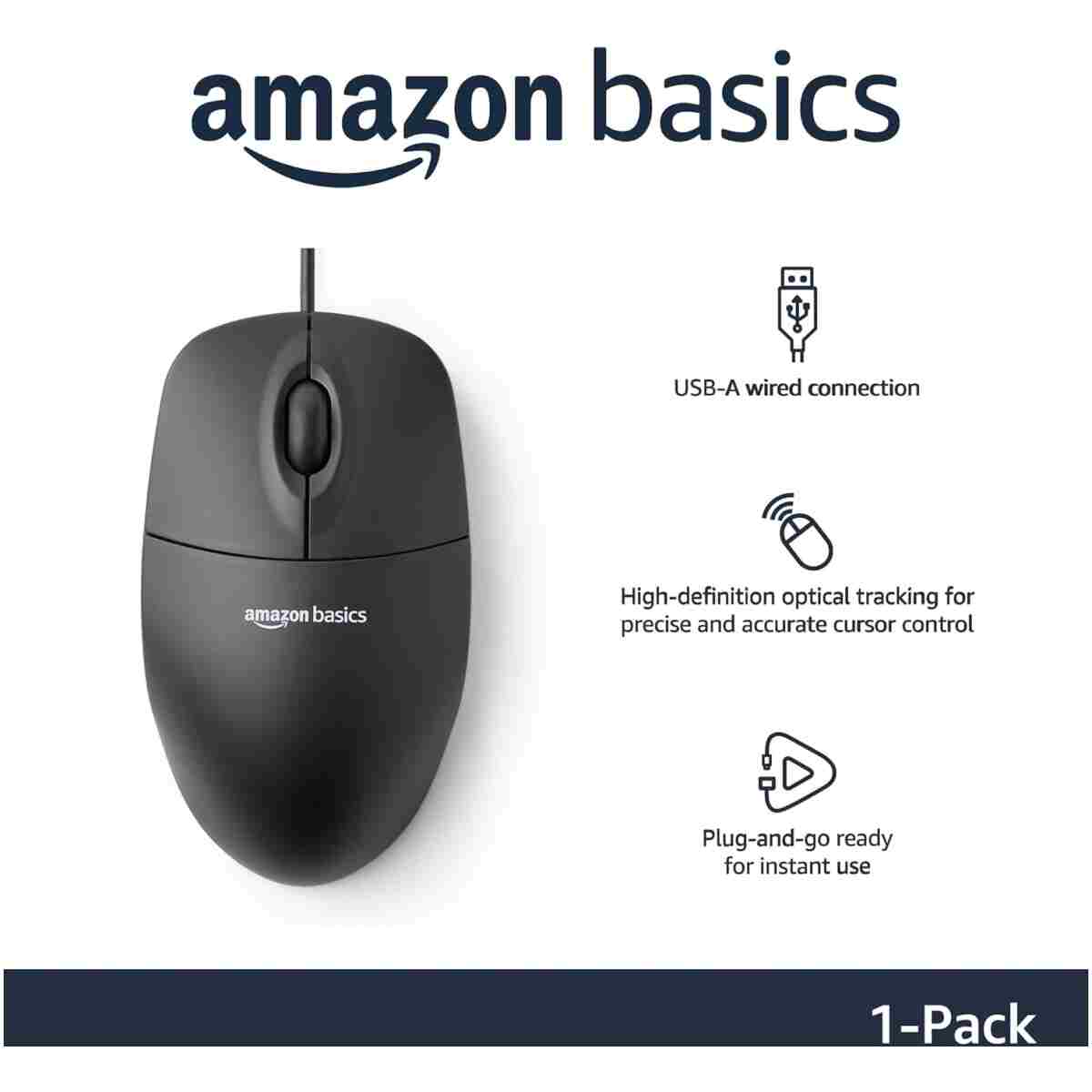 3-Button USB Wired Mouse with Scrolling and Tracking - Standard, Black