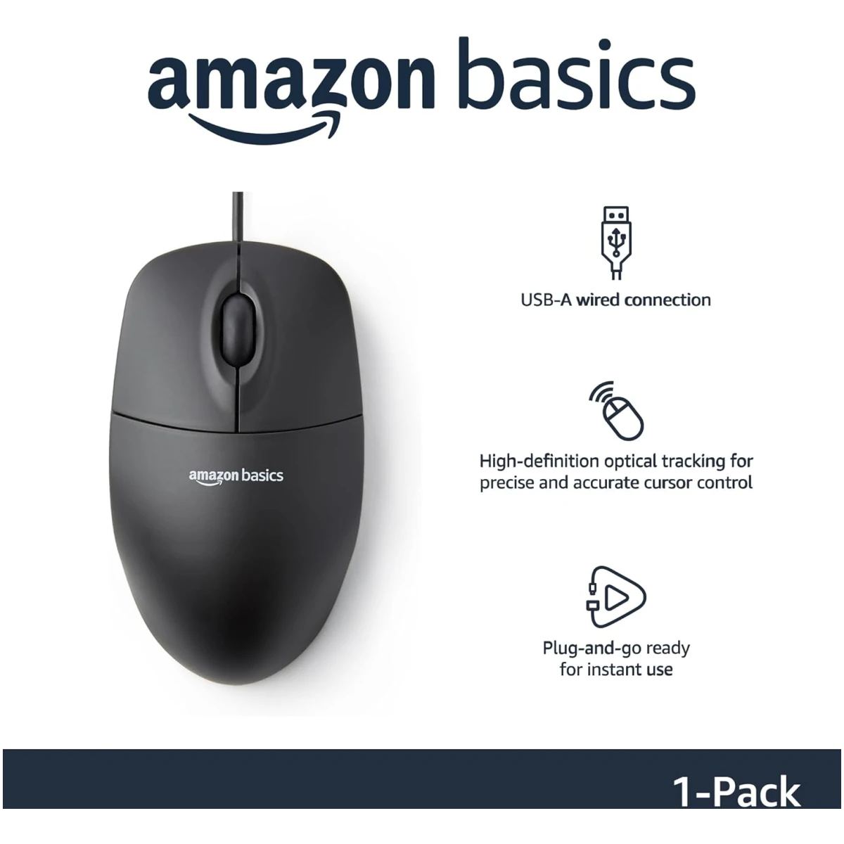 3-Button USB Wired Mouse with Scrolling and Tracking - Standard, Black