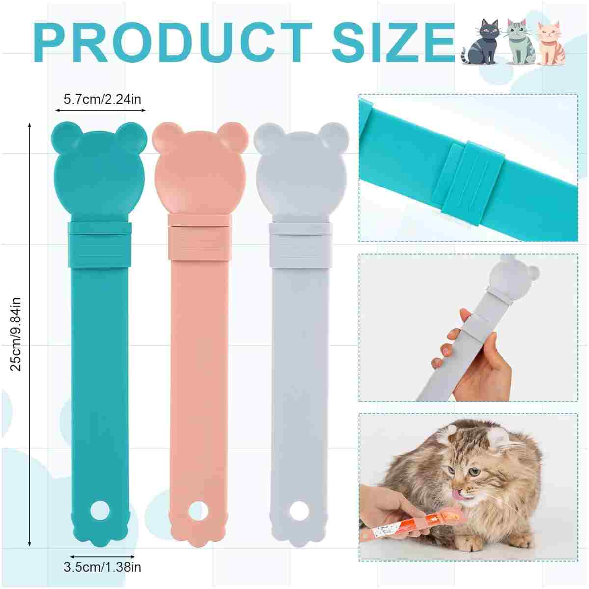 3pcs Cat Strip Squeeze Feeders, Cartoon Cute Cat Food Feeder Intelligent Kitten Lickable Snack Happy Spoon Multi-Functional Pet Puree Spoon Innovative Wet Treat Dispenser for...