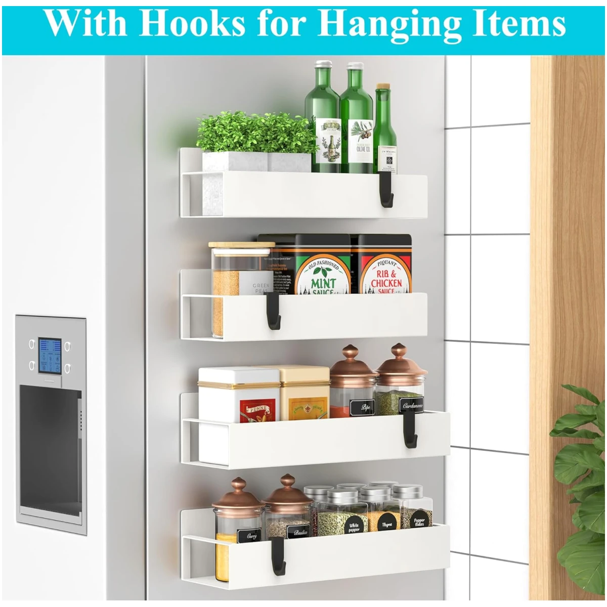 4 Pack Magnetic Spice Storage Rack Organizer for Refrigerator and Oven, Cream White Fridge Organizers and Storage