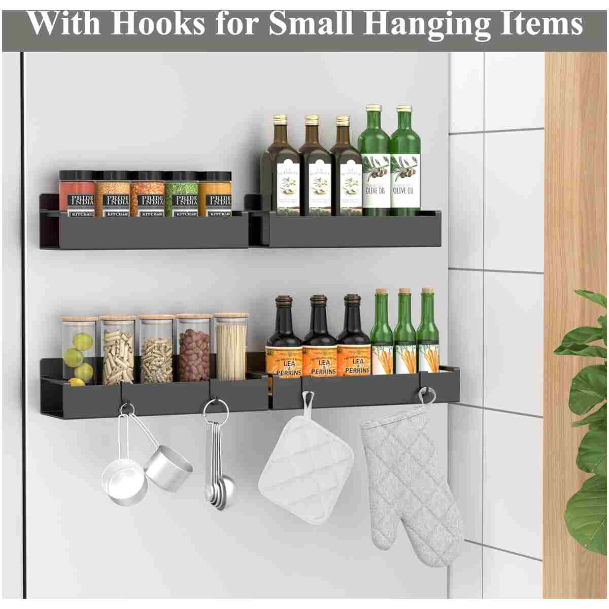 4 Pack Magnetic Spice Storage Rack Organizer for Refrigerator and Oven, Jet Black Fridge Organizers and Storage