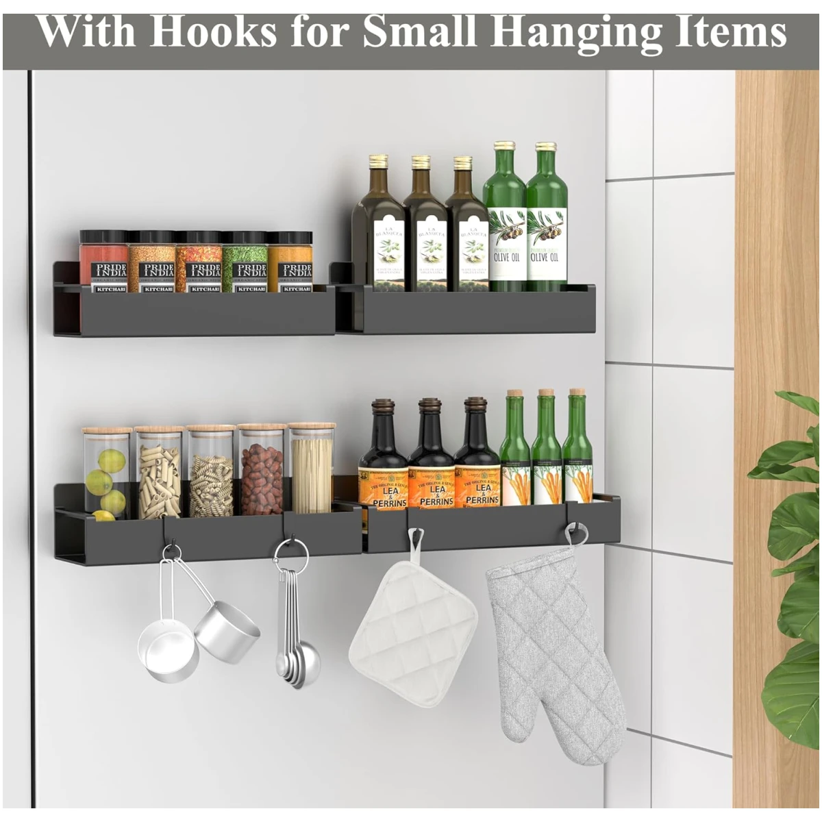 4 Pack Magnetic Spice Storage Rack Organizer for Refrigerator and Oven, Jet Black Fridge Organizers and Storage