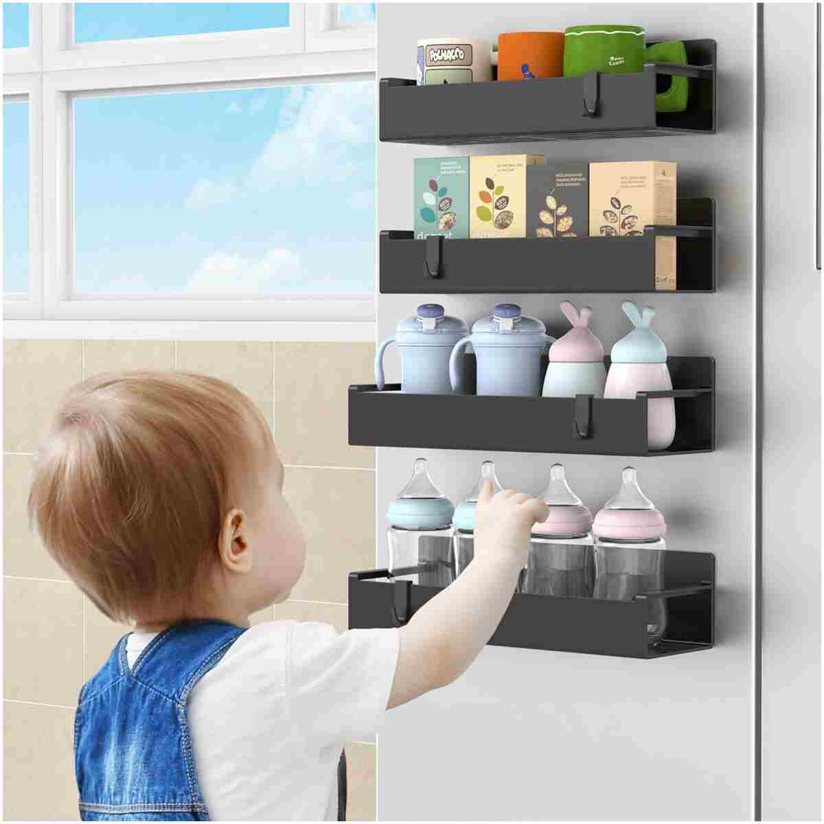 4 Pack Magnetic Spice Storage Rack Organizer for Refrigerator and Oven, Jet Black Fridge Organizers and Storage