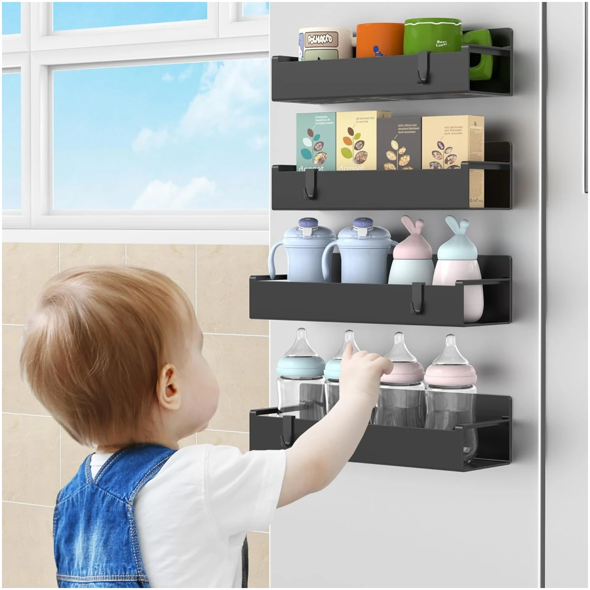 4 Pack Magnetic Spice Storage Rack Organizer for Refrigerator and Oven, Jet Black Fridge Organizers and Storage