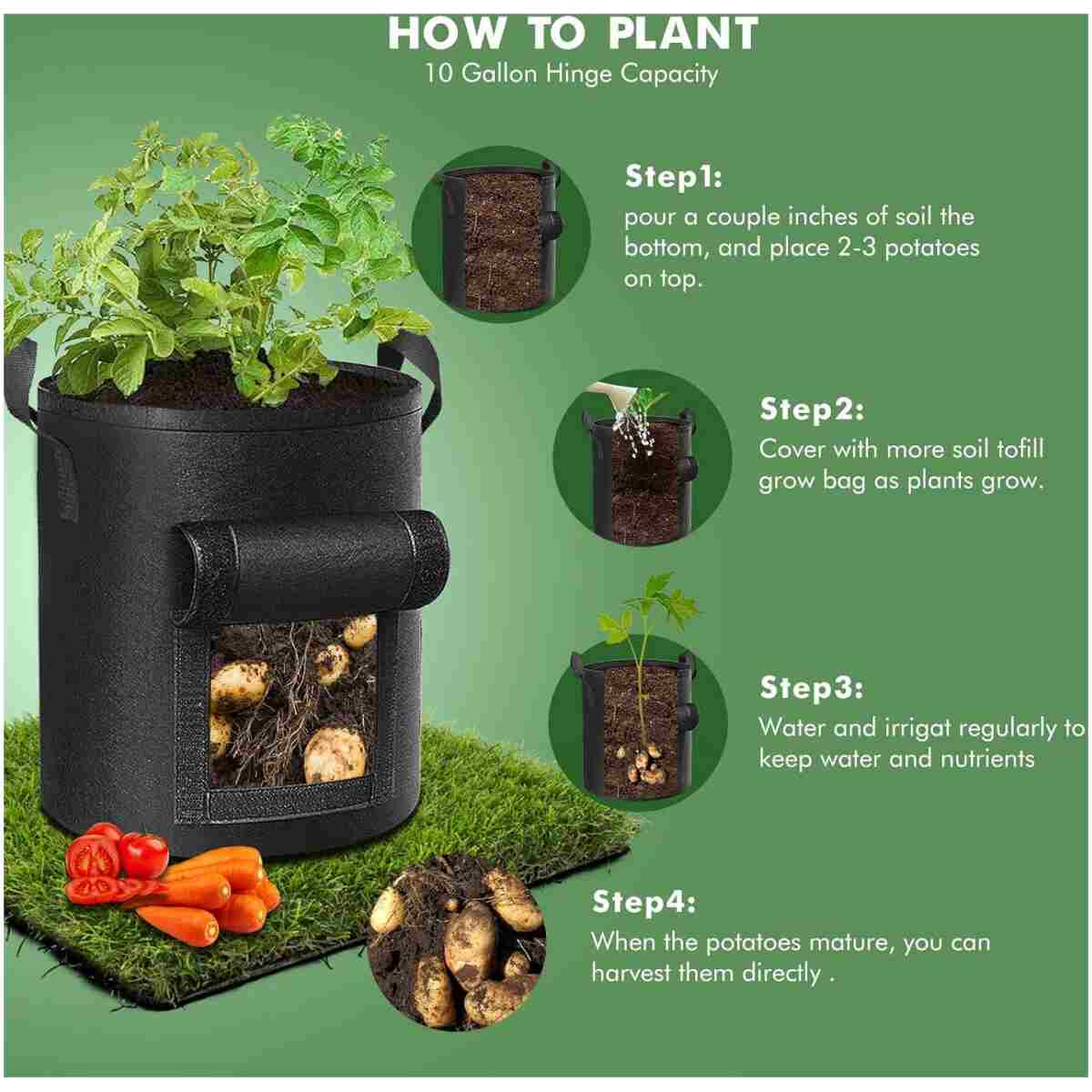 5-Pack 10 Gallon Potato Grow Bags, Garden Planting Bag with Reinforced Handle, Thickened Nonwoven Fabric Pots for Tomato, Vegetable and Fruits