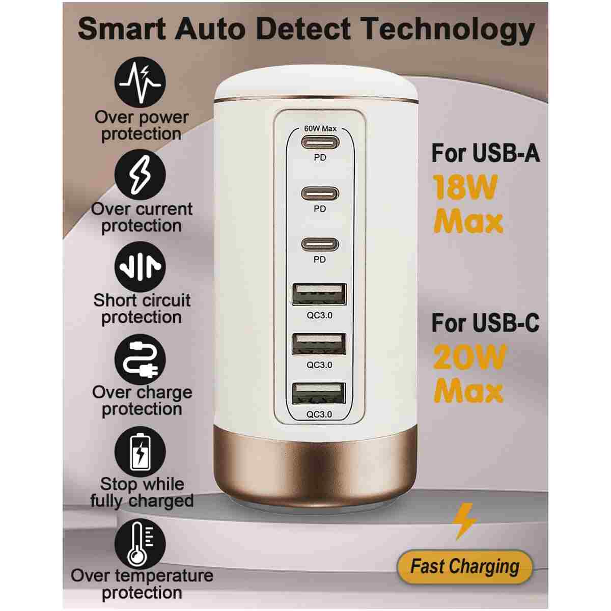 60W USB-C Charging Station for Multiple Devices, Universal 20W USB-C & 18W USB Charging Hub, Smart IC Identification Technology Charging Tower for iPhone iPad Tablets...