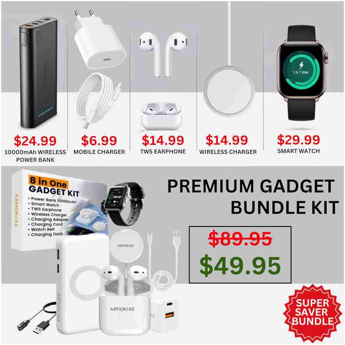 Artichoke 6 in 1 Accessories Gift Set iPhone Power Bank 10000 Smart Watch TWS Earphones MagSafe Accessories Birthday Gifts Boyfriend Tech Gadgets Regalos para Hombre Travel Men...