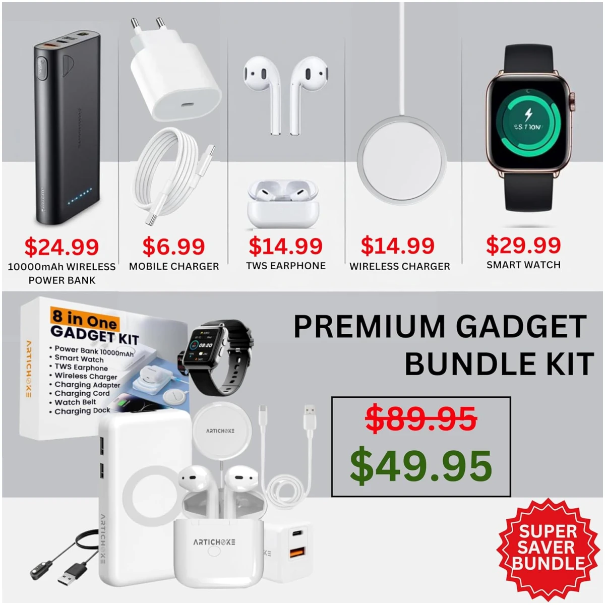 Artichoke 6 in 1 Accessories Gift Set iPhone Power Bank 10000 Smart Watch TWS Earphones MagSafe Accessories Birthday Gifts Boyfriend Tech Gadgets Regalos para Hombre Travel Men...