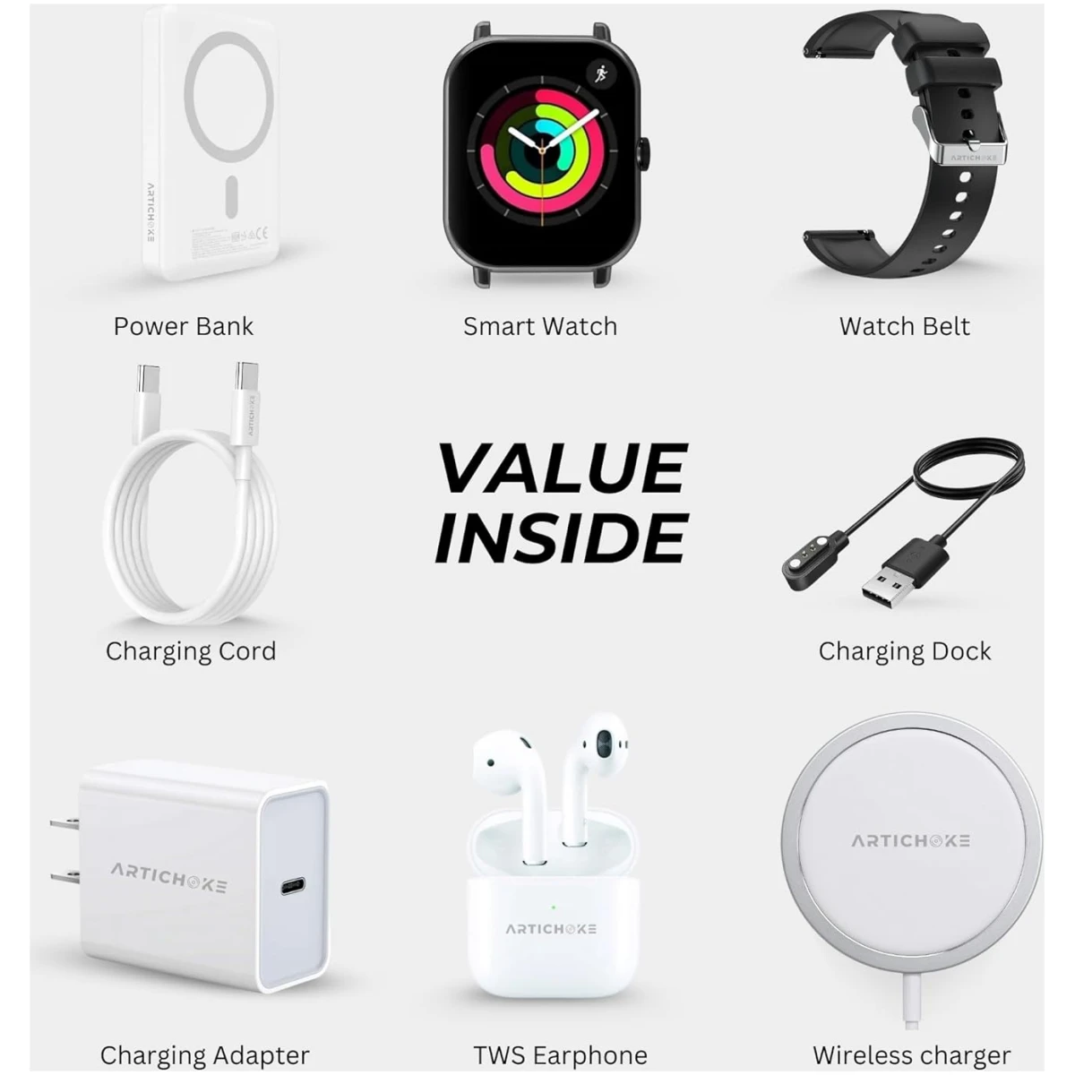 Artichoke 6 in 1 Accessories Gift Set iPhone Power Bank 10000 Smart Watch TWS Earphones MagSafe Accessories Birthday Gifts Boyfriend Tech Gadgets Regalos para Hombre Travel Men...
