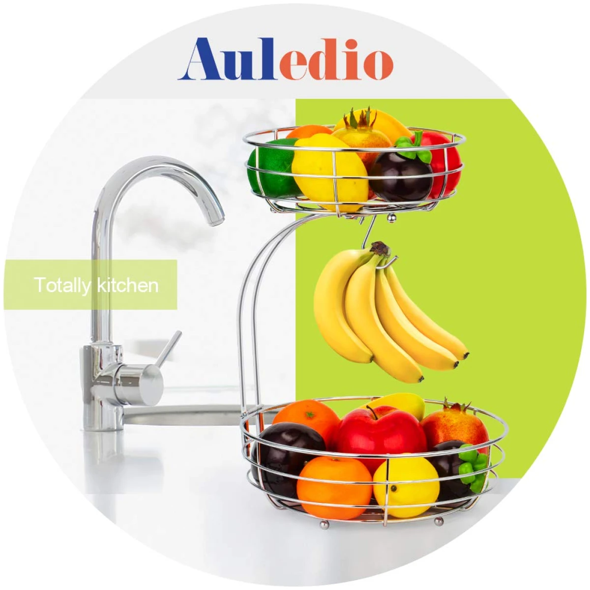Auledio 2-Tier Countertop Fruit Vegetables Basket Bowl Storage With Banana Hanger,Chrome
