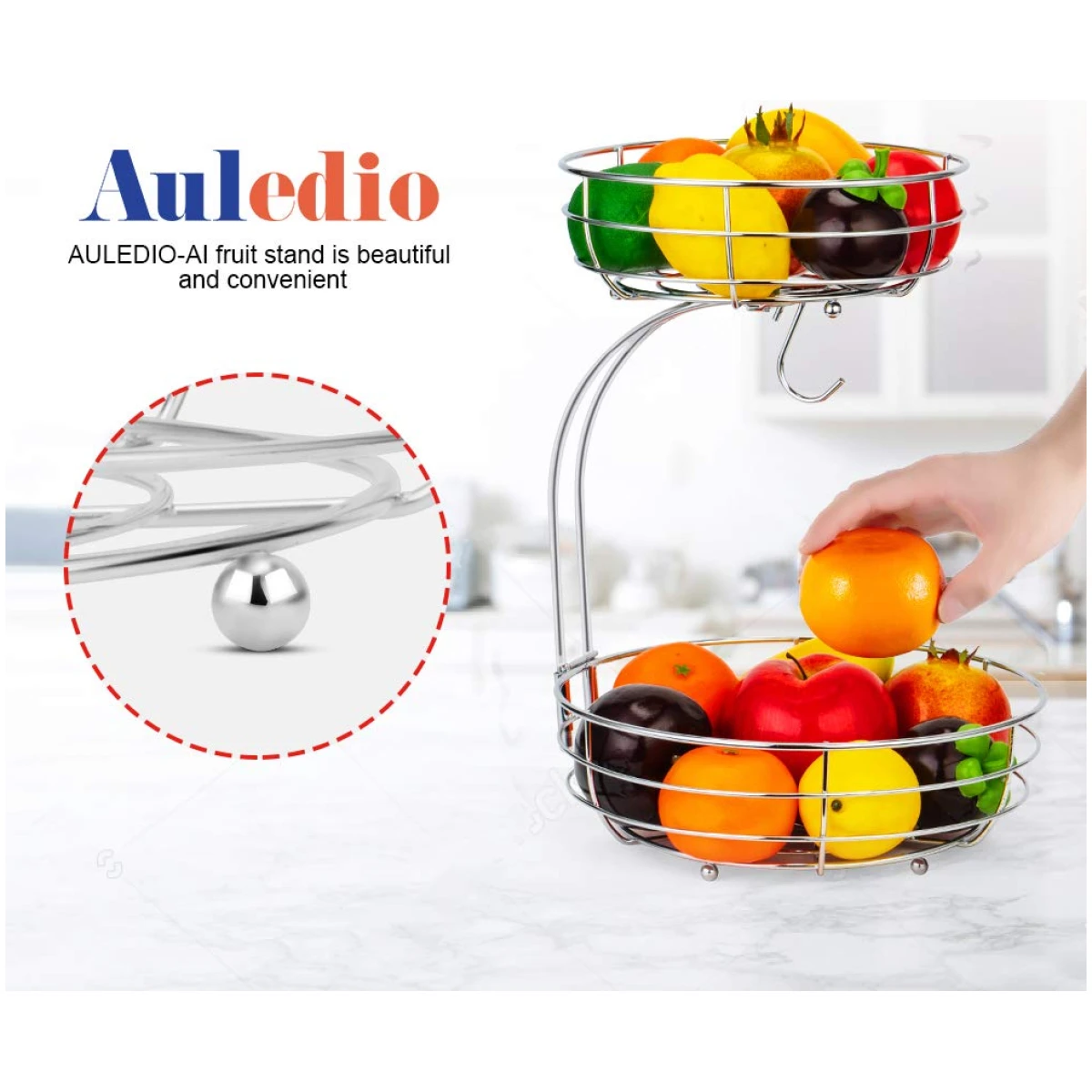 Auledio 2-Tier Countertop Fruit Vegetables Basket Bowl Storage With Banana Hanger,Chrome