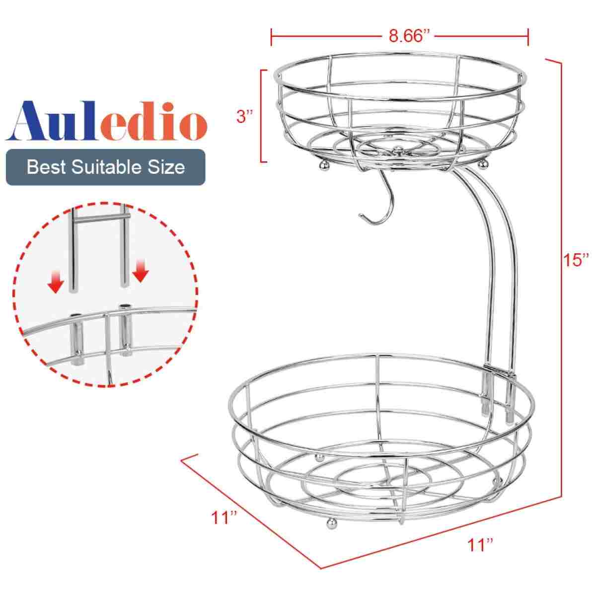 Auledio 2-Tier Countertop Fruit Vegetables Basket Bowl Storage With Banana Hanger,Chrome