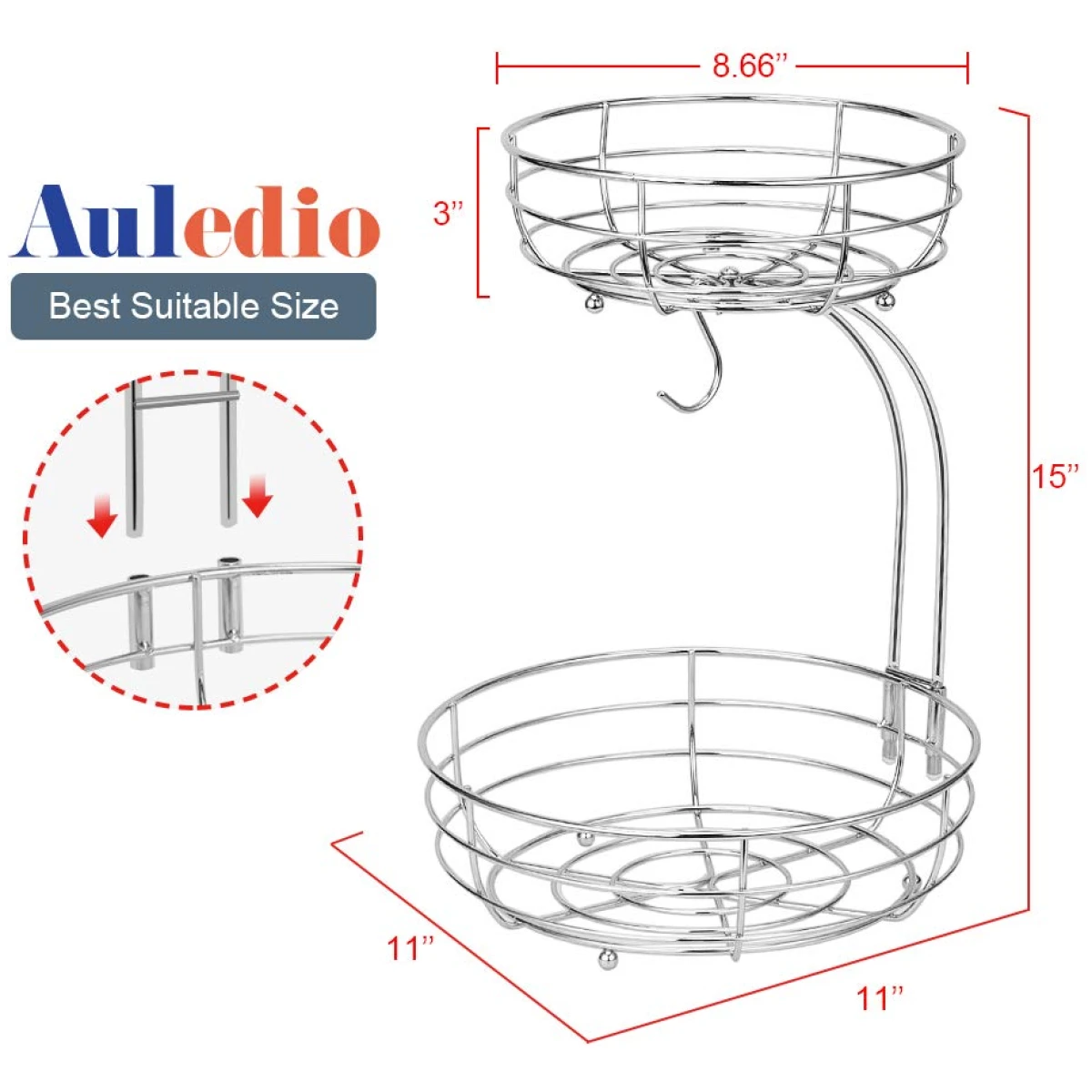 Auledio 2-Tier Countertop Fruit Vegetables Basket Bowl Storage With Banana Hanger,Chrome