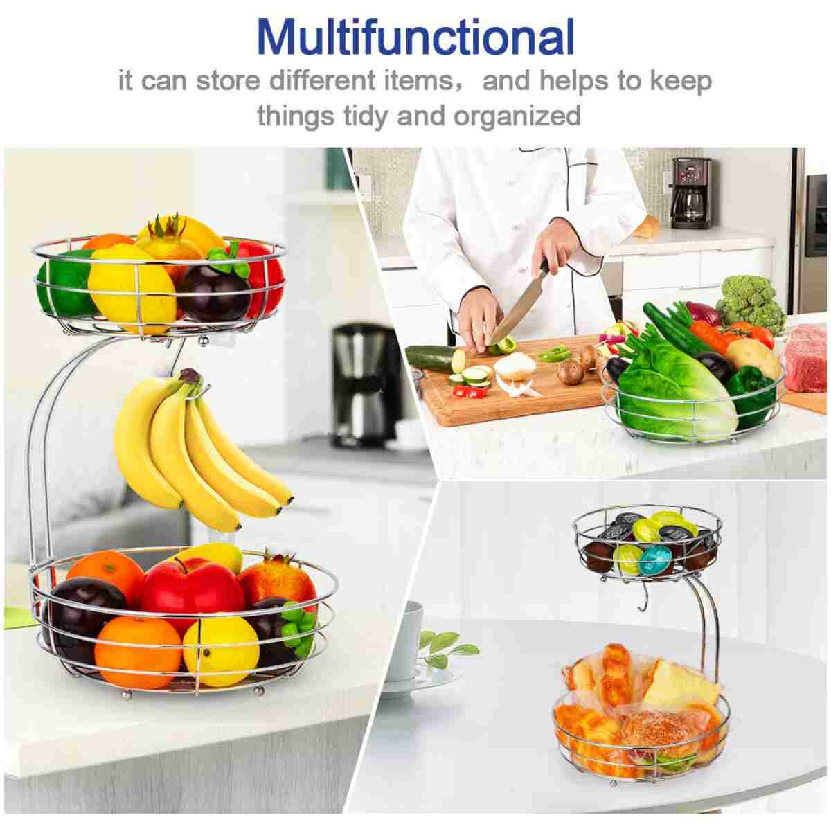 Auledio 2-Tier Countertop Fruit Vegetables Basket Bowl Storage With Banana Hanger,Chrome