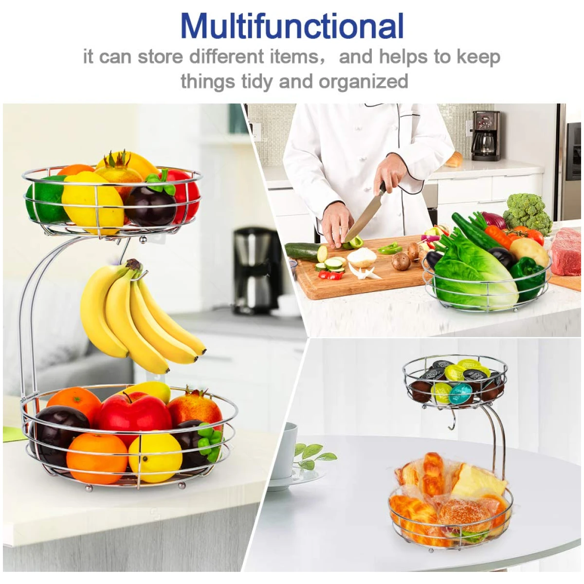 Auledio 2-Tier Countertop Fruit Vegetables Basket Bowl Storage With Banana Hanger,Chrome