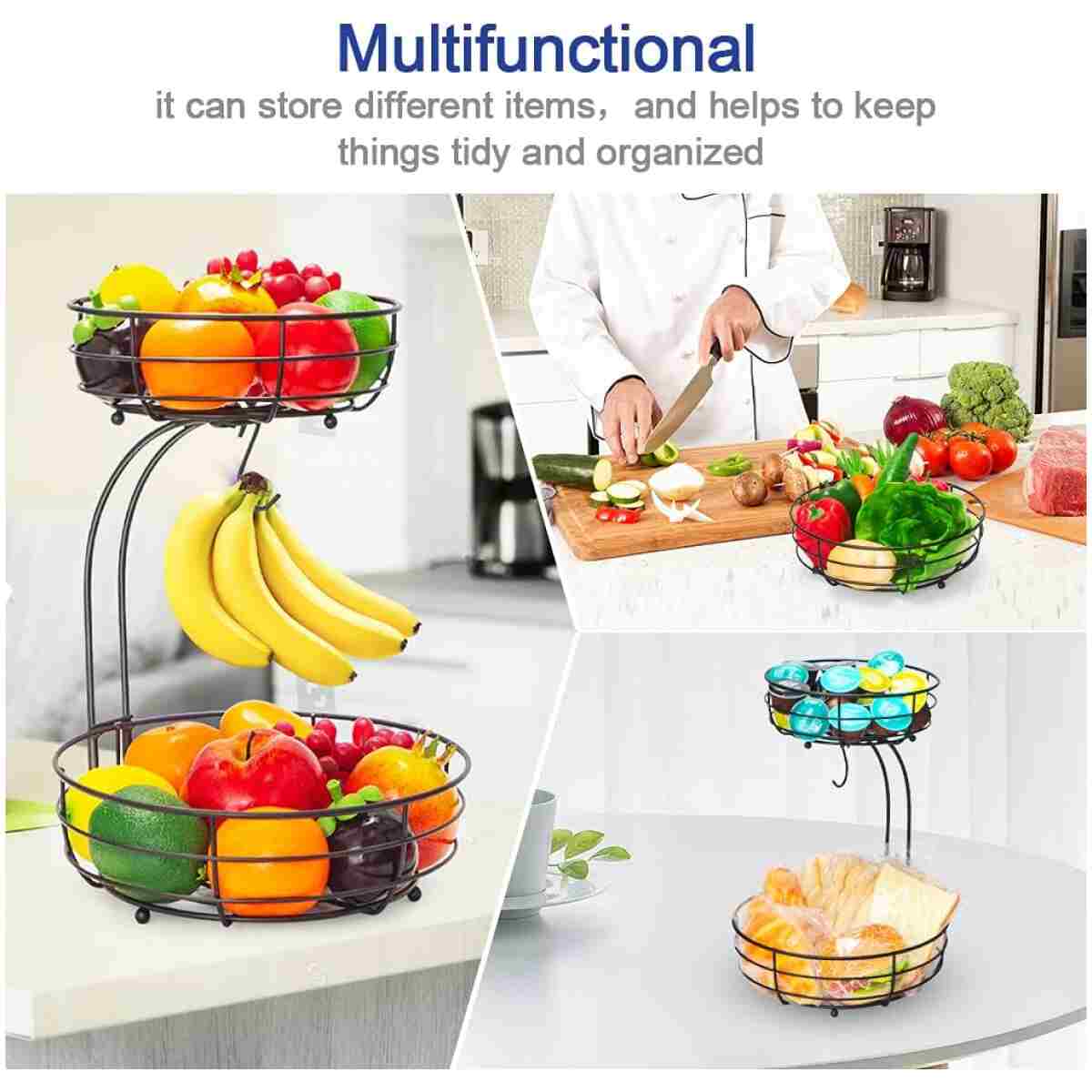 Auledio 2-Tier Countertop Fruit Vegetables Basket Bowl Storage With Banana Hanger, Brone (1)