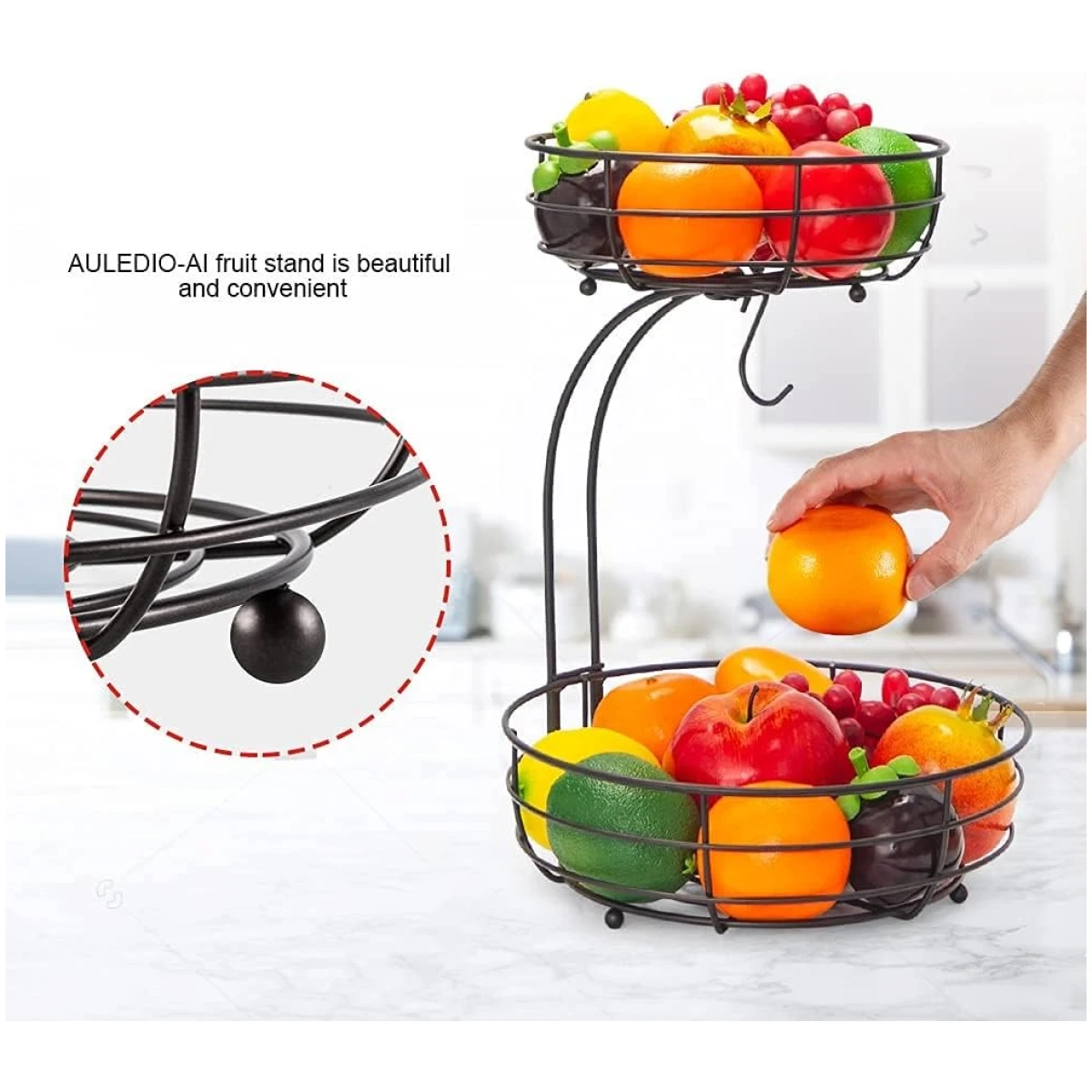 Auledio 2-Tier Countertop Fruit Vegetables Basket Bowl Storage With Banana Hanger, Brone (1)