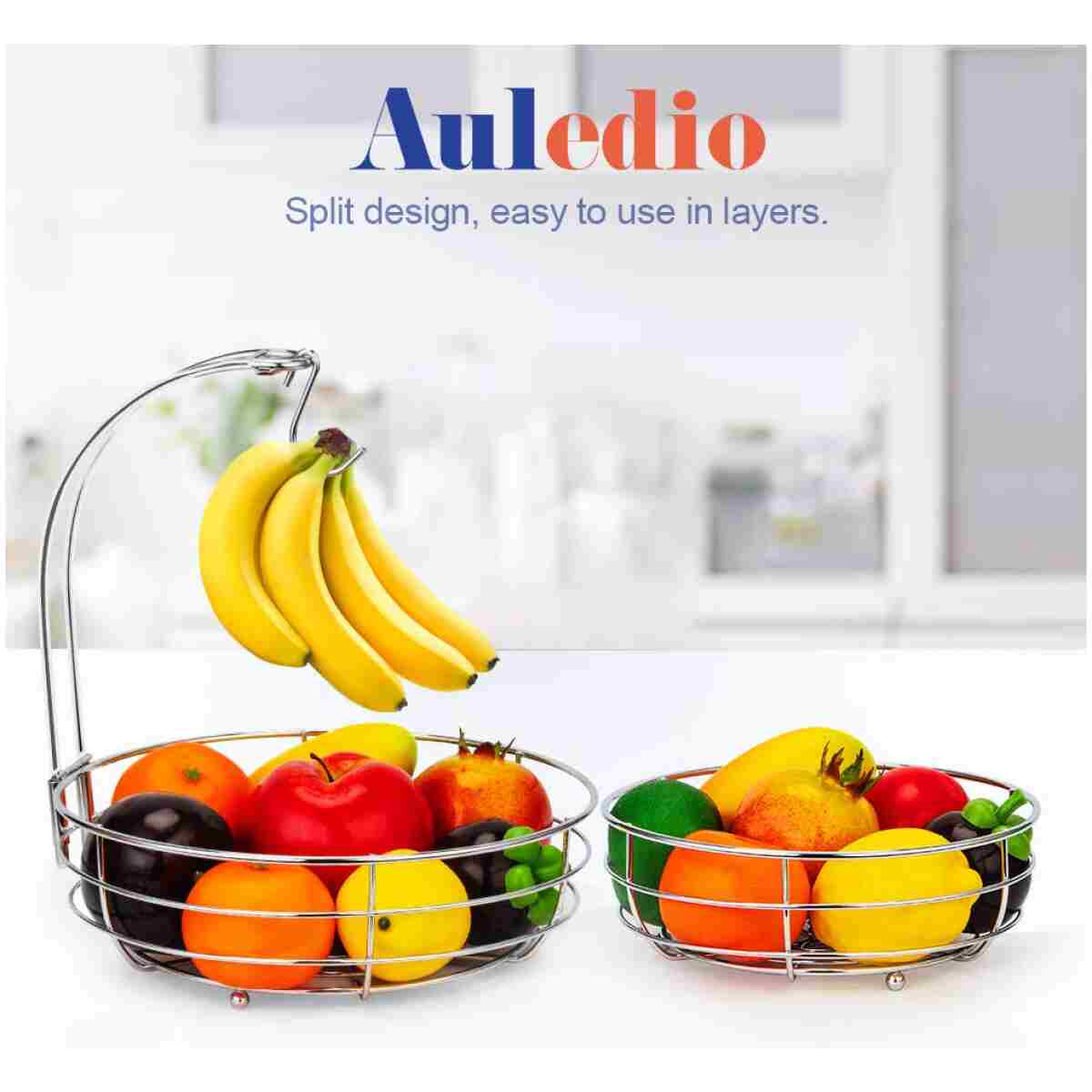 Auledio 2-Tier Countertop Fruit Vegetables Basket Bowl Storage With Banana Hanger, Brone (1)