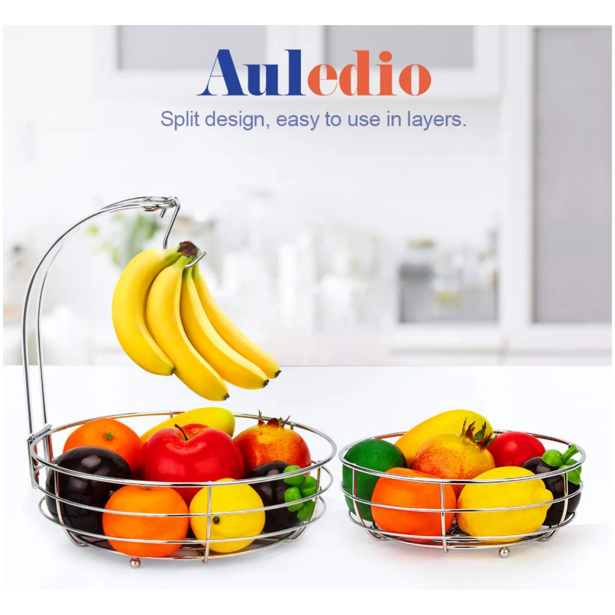 Auledio 2-Tier Countertop Fruit Vegetables Basket Bowl Storage With Banana Hanger,Chrome