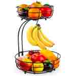 Auledio Iron 2-Tier Countertop Fruit Vegetables Basket Bowl Storage With Banana Hanger, Black, 64 ounces