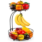 Auledio Iron 2-Tier Countertop Fruit Vegetables Basket Bowl Storage With Banana Hanger, Black, 64 ounces