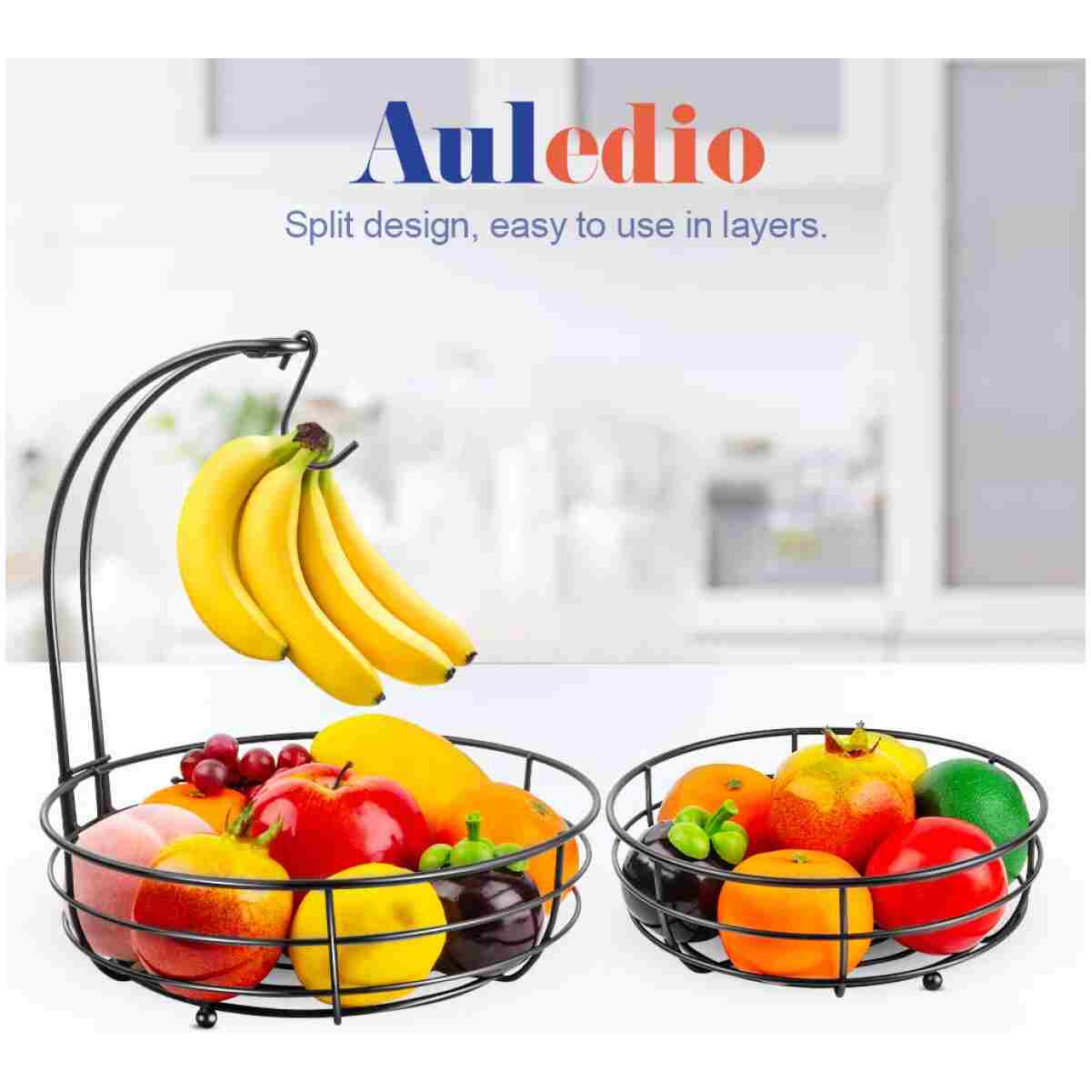 Auledio Iron 2-Tier Countertop Fruit Vegetables Basket Bowl Storage With Banana Hanger, Black, 64 ounces