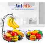 Auledio Iron 2-Tier Countertop Fruit Vegetables Basket Bowl Storage With Banana Hanger, Black, 64 ounces