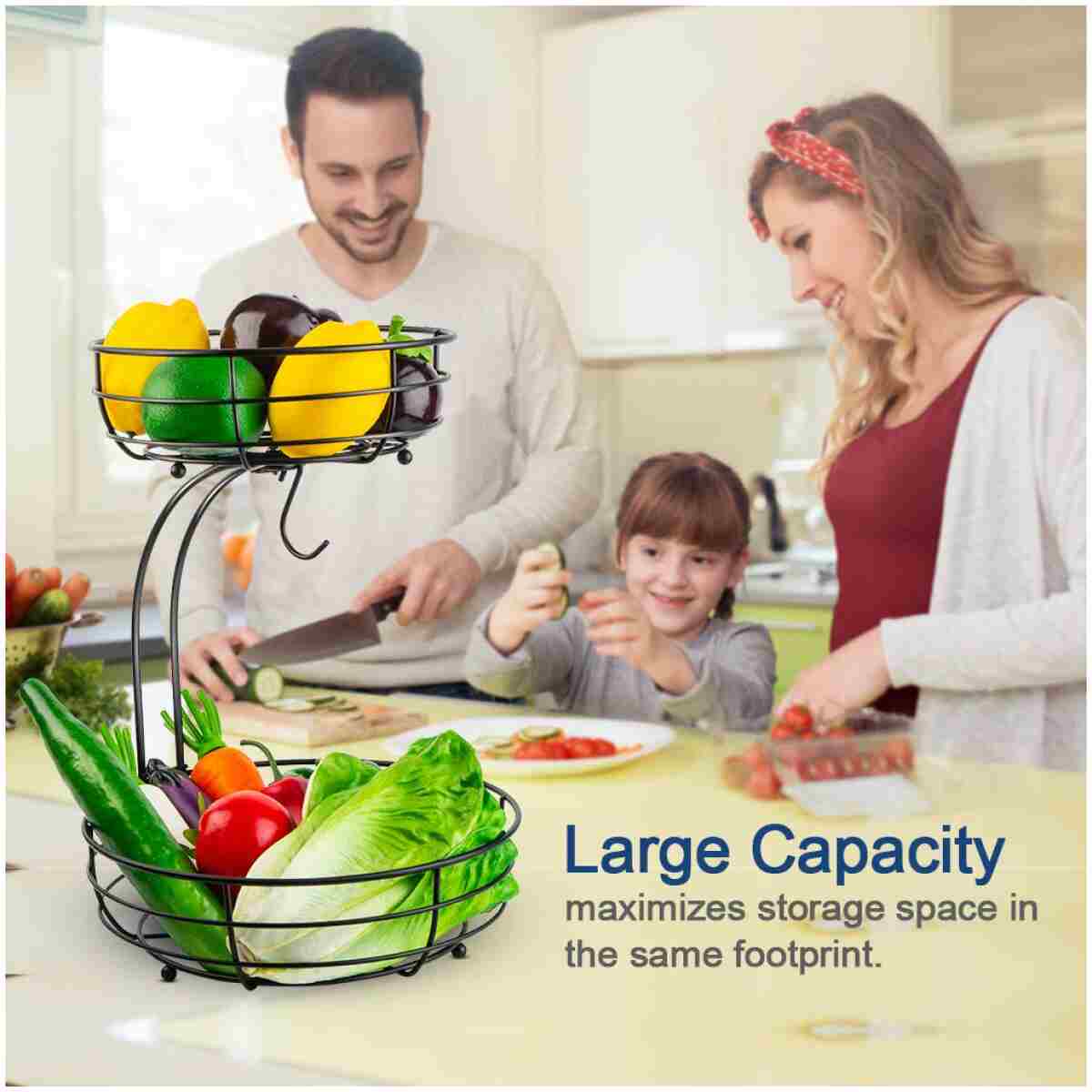 Auledio Iron 2-Tier Countertop Fruit Vegetables Basket Bowl Storage With Banana Hanger, Black, 64 ounces