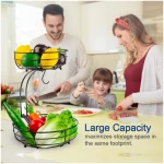 Auledio Iron 2-Tier Countertop Fruit Vegetables Basket Bowl Storage With Banana Hanger, Black, 64 ounces