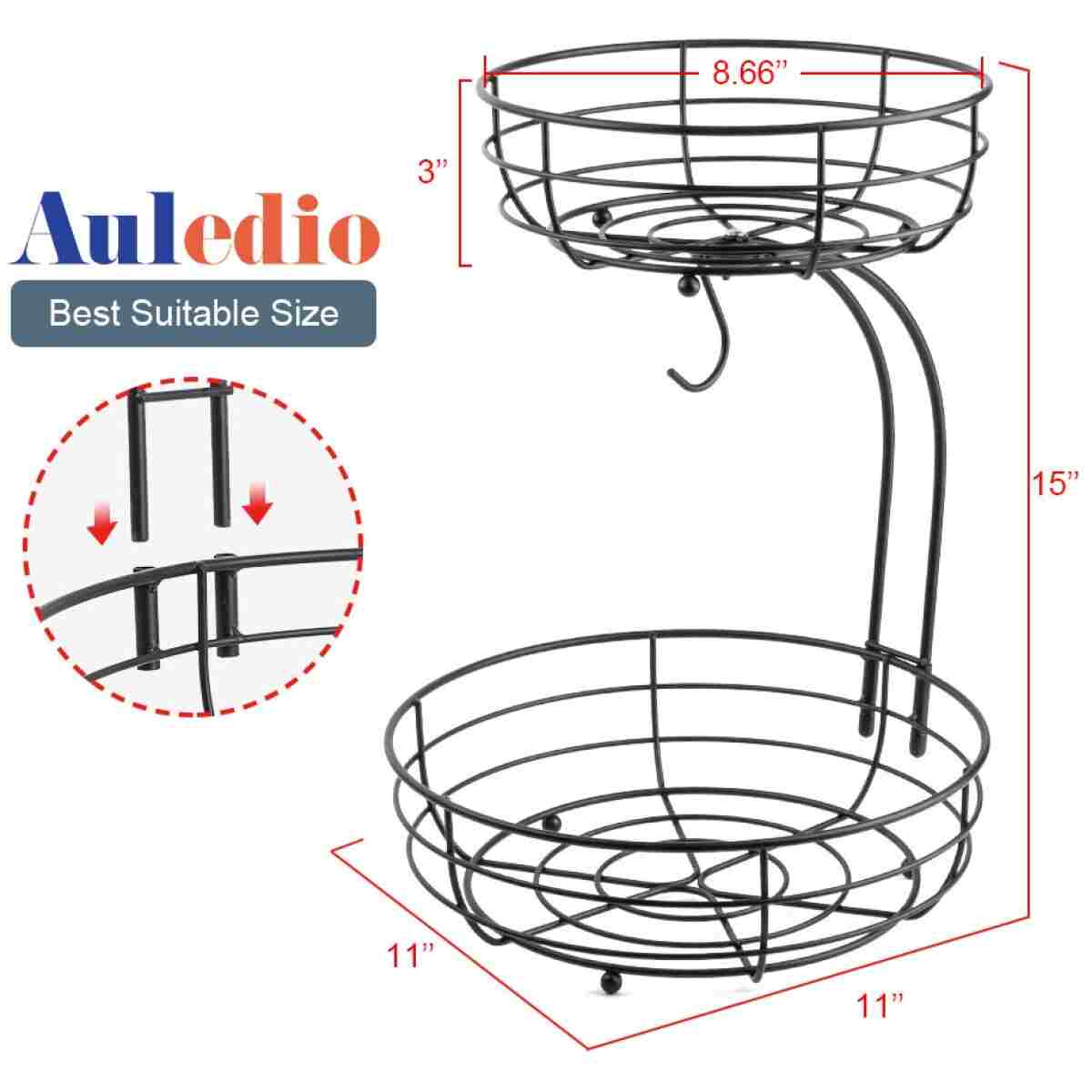 Auledio Iron 2-Tier Countertop Fruit Vegetables Basket Bowl Storage With Banana Hanger, Black, 64 ounces