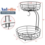 Auledio Iron 2-Tier Countertop Fruit Vegetables Basket Bowl Storage With Banana Hanger, Black, 64 ounces