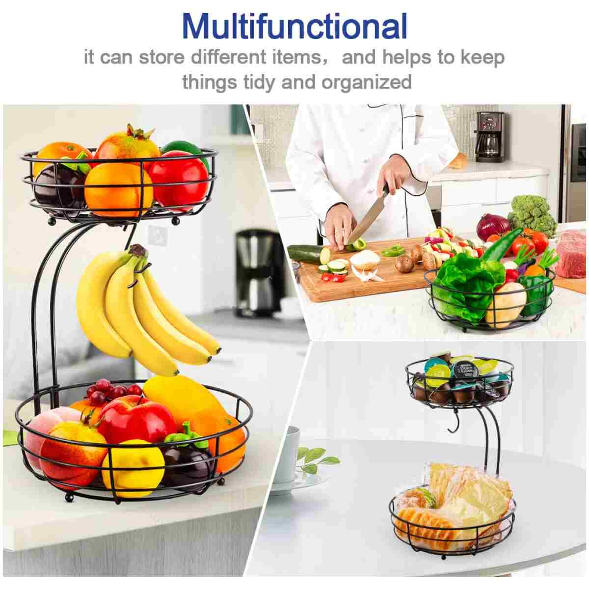 Auledio Iron 2-Tier Countertop Fruit Vegetables Basket Bowl Storage With Banana Hanger, Black, 64 ounces