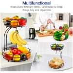 Auledio Iron 2-Tier Countertop Fruit Vegetables Basket Bowl Storage With Banana Hanger, Black, 64 ounces