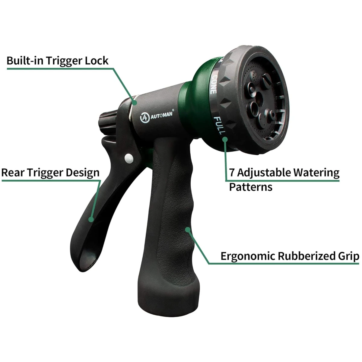 AUTOMAN-Garden-Hose-Nozzle, ABS Water Spray Nozzle with 7 Adjustable Watering Patterns, Slip Resistant for Watering Plants, Lawn& Garden, Washing Cars, Cleaning, Showering Pets...
