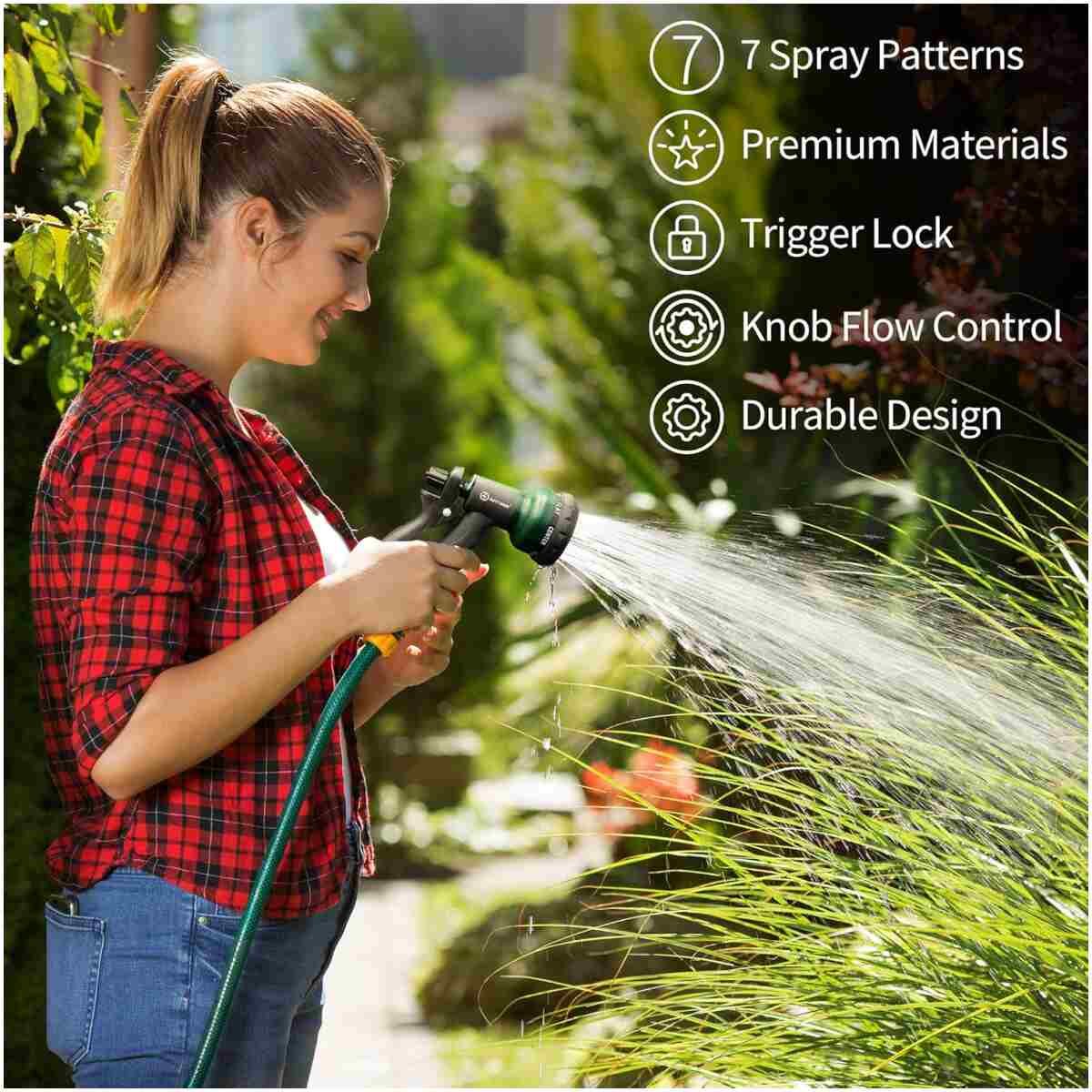 AUTOMAN-Garden-Hose-Nozzle, ABS Water Spray Nozzle with 7 Adjustable Watering Patterns, Slip Resistant for Watering Plants, Lawn& Garden, Washing Cars, Cleaning, Showering Pets...