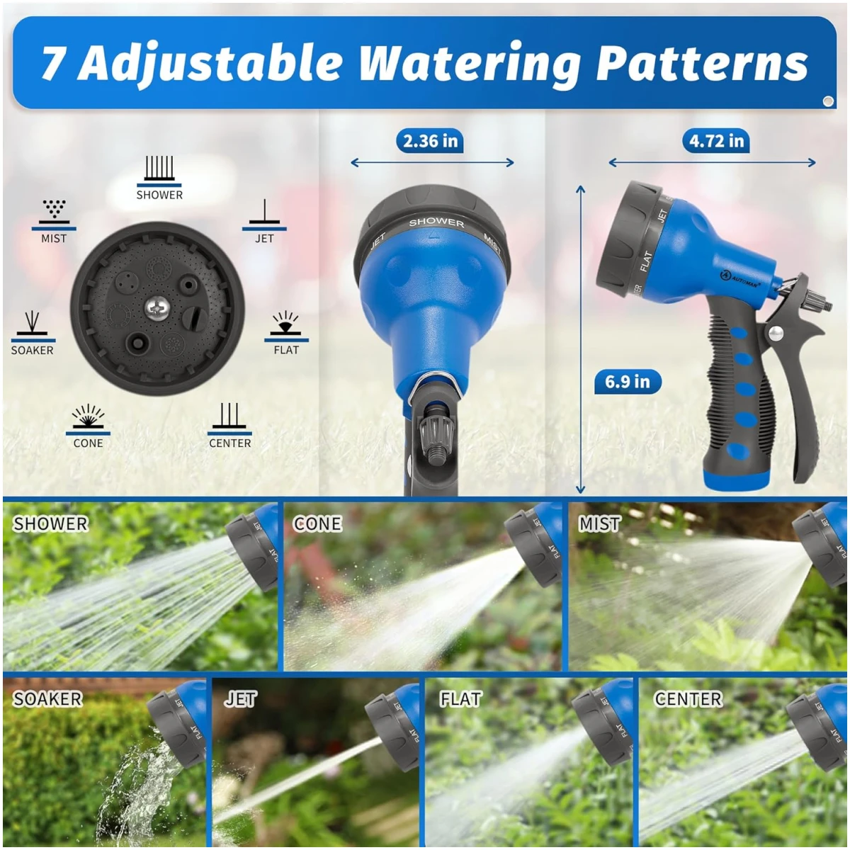 AUTOMAN-Garden-Hose-Nozzle, ABS Water Spray Nozzle with 7 Adjustable Watering Patterns, Slip Resistant for Watering Plants, Lawn& Garden, Washing Cars, Cleaning, Showering Pets...
