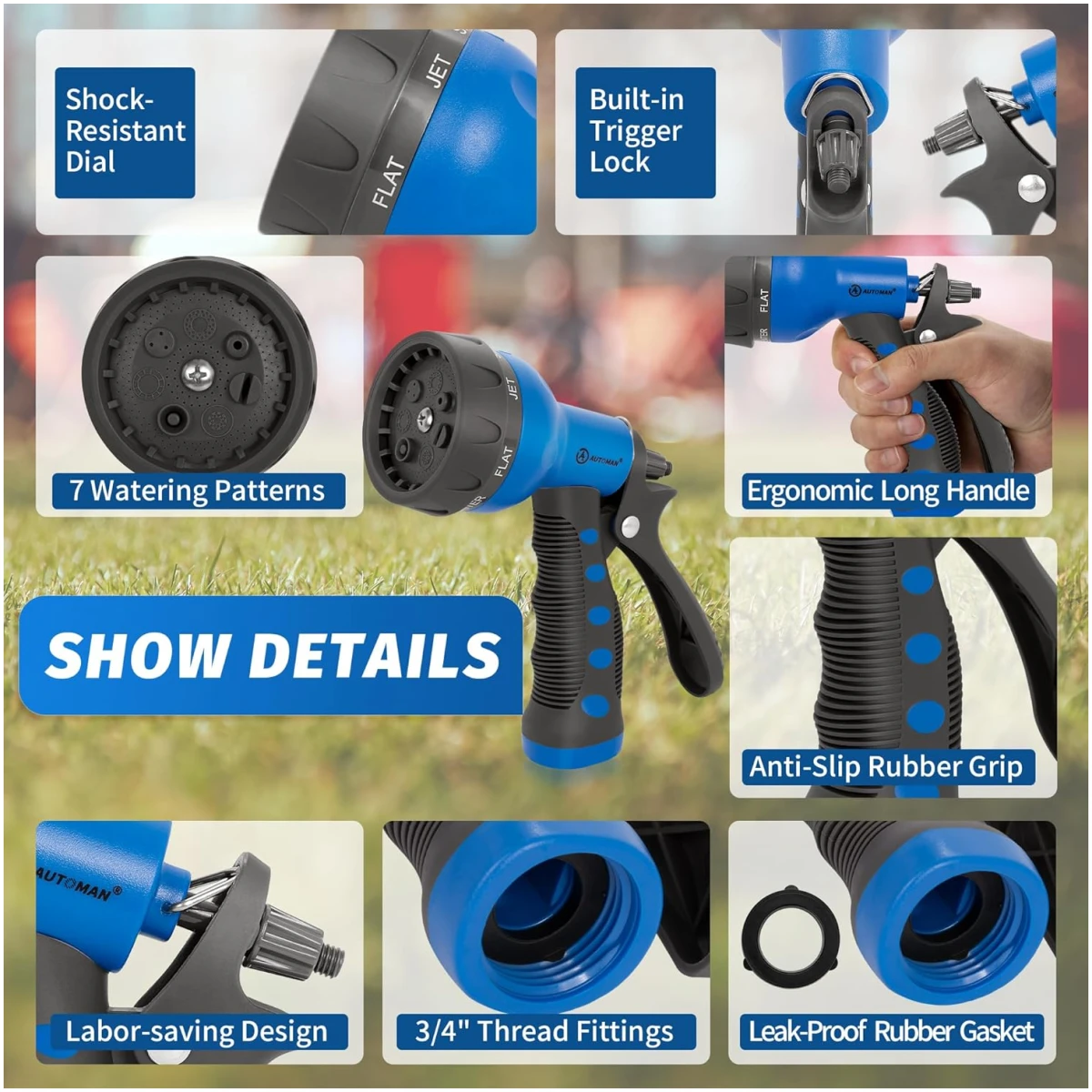 AUTOMAN-Garden-Hose-Nozzle, ABS Water Spray Nozzle with 7 Adjustable Watering Patterns, Slip Resistant for Watering Plants, Lawn& Garden, Washing Cars, Cleaning, Showering Pets...