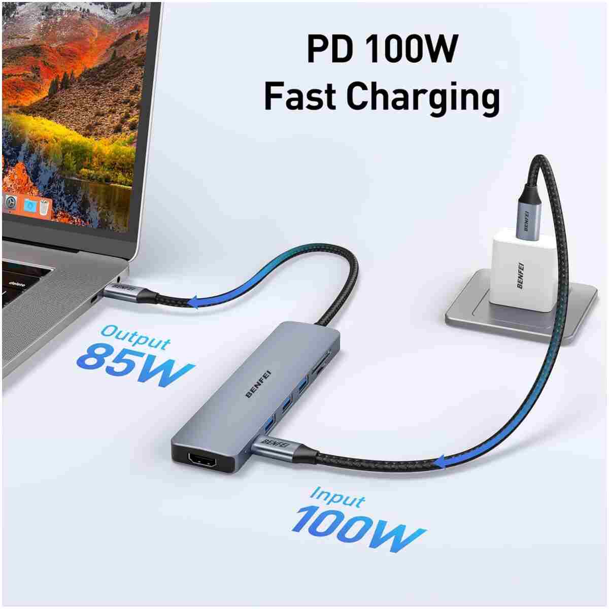 BENFEI USB C HUB 7-in-1 with HDMI(4K@60Hz,Certified), 100W Power Delivery, 3*USB 3.0, SD/TF Card Reader(160MB/s) Compatible with iPhone 15 Pro/Max, MacBook, iPad Pro, iMac, S23,...