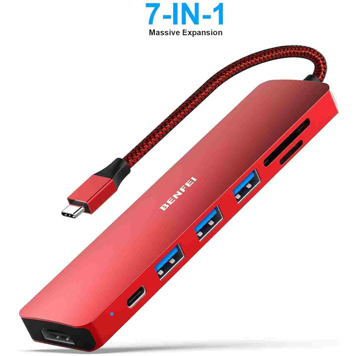 BENFEI USB C HUB 7-in-1 with HDMI(4K@60Hz,Certified), 100W Power Delivery, 3*USB 3.0, SD/TF Card Reader(160MB/s) Compatible with iPhone 15 Pro/Max, MacBook, iPad Pro, iMac, S23,...