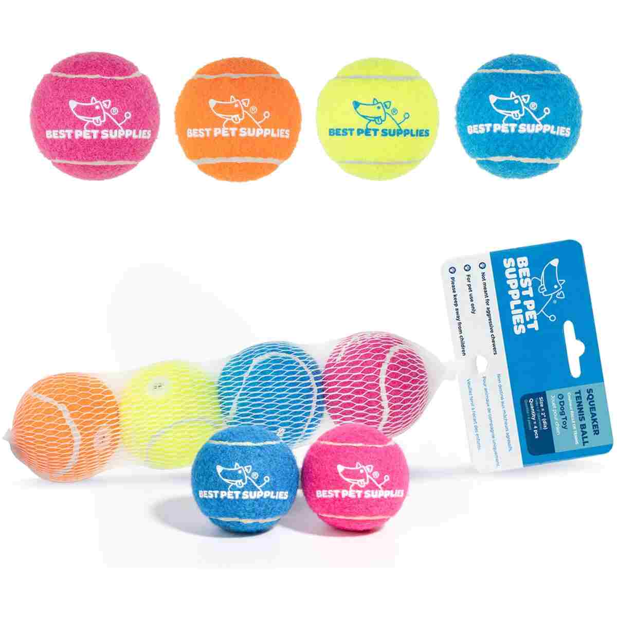 Best Pet Supplies Squeaky Tennis Toys for Dogs, 4-Pack, Heavy-Duty Interactive Pet Toys for Throwing and Fetching, Supports Exercise and Natural Behavior Training, Durable - Small