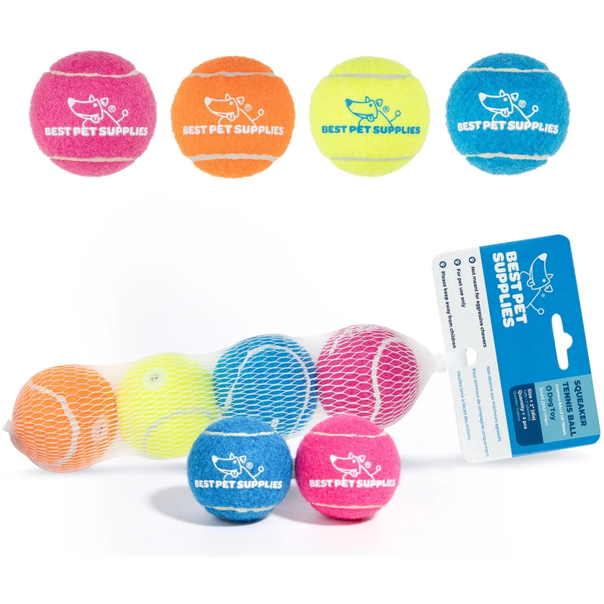 Best Pet Supplies Squeaky Tennis Toys for Dogs, 4-Pack, Heavy-Duty Interactive Pet Toys for Throwing and Fetching, Supports Exercise and Natural Behavior Training, Durable - Small