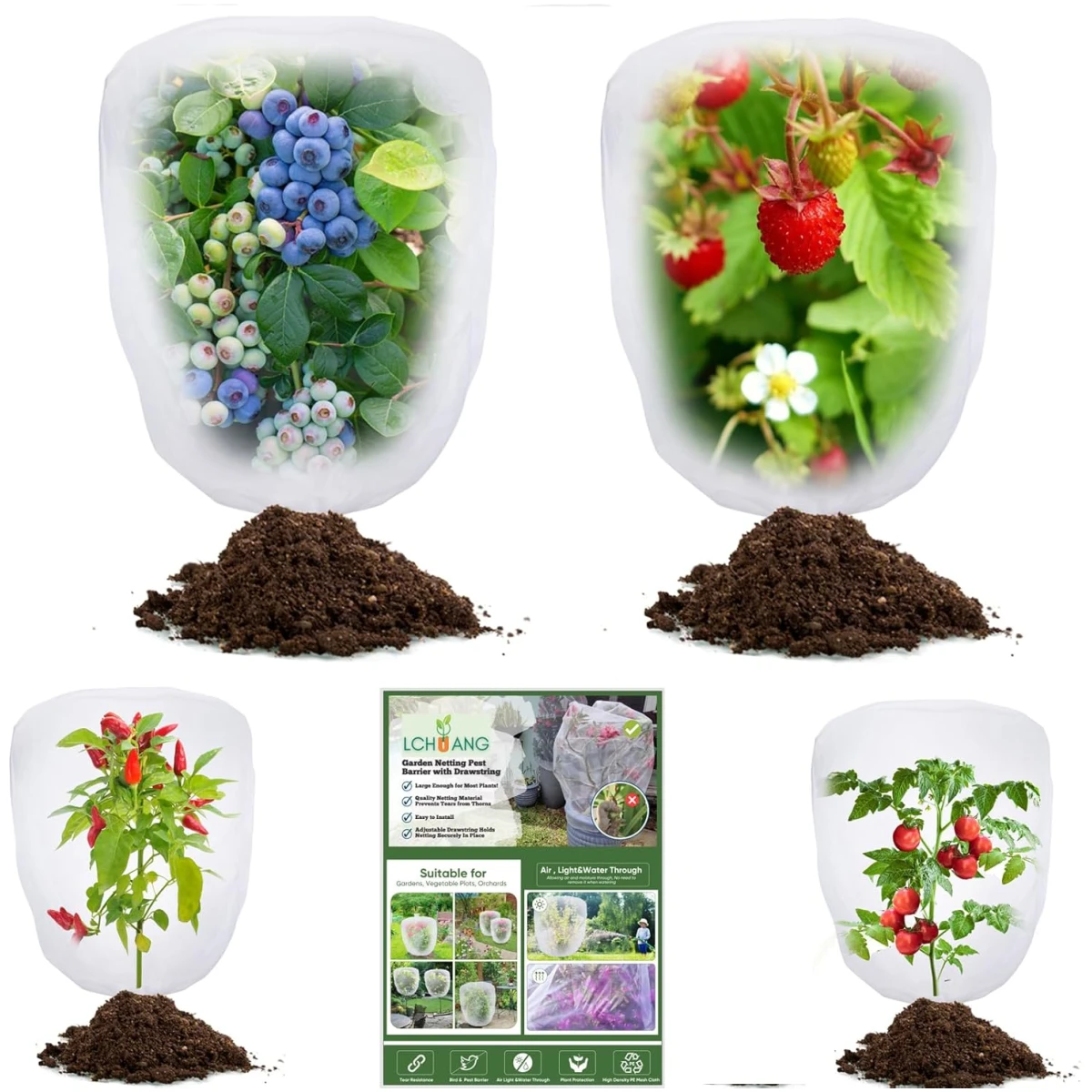 Bird Netting for Garden Protection - 4 Pack Garden Netting Pest Barrier with Drawstring,3.3Ft x 2.7Ft Mosquito Net Tomato Protective Cover Garden Plant Netting for Cicadas...