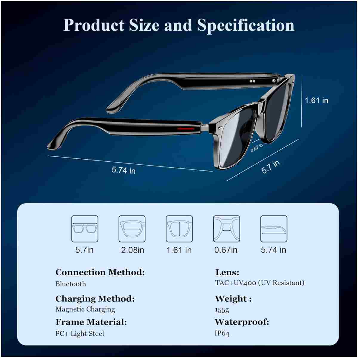 Blackview Smart Glasses, 5.0 Bluetooth Sunglasses with Open Ear Speaker, Voice Assistant Compatible, Blue Light Blocking Lens