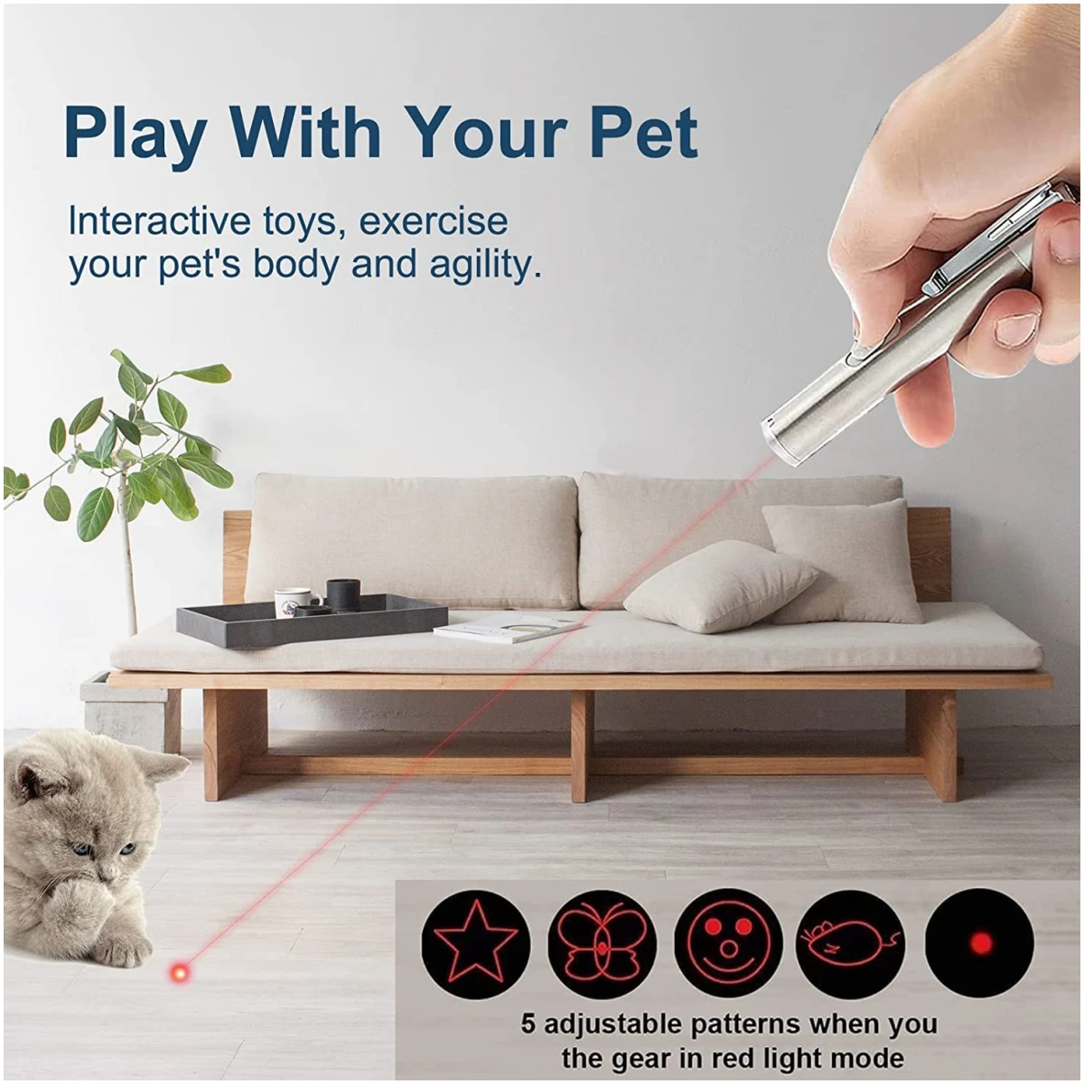 Cat Toys Laser Pointer for Indoor, Rechargeable, 7 Adjustable Wand Red Light Pet Interactive Cat Mouse Toys to Keep Busyfor Kitten Dog Chase Play