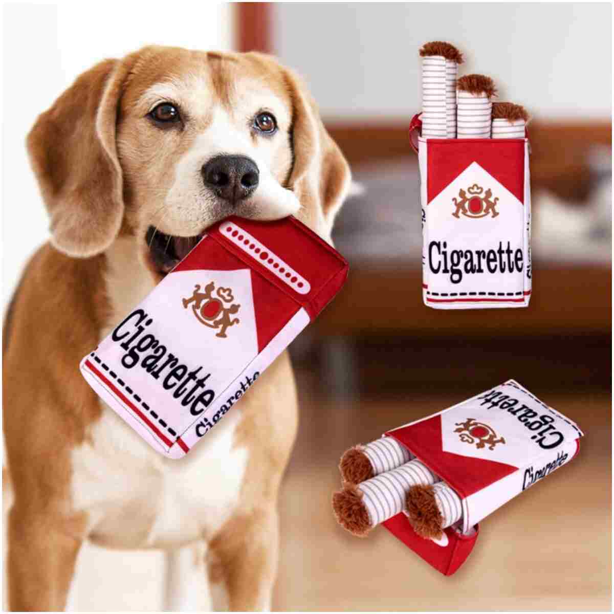 Cigarette Dog Toy Cigarette Pack with 3 Pcs Giggly Cigarettes and Food-Hiding Pack Interactive Plush Dog Toys for Puppy Small and Medium Dogs